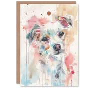 Artery8 Greeting Card Dog Lover Watercolour Portrait Pink Light Pastel Blank For All Him Or Her Art Birthday Card