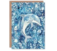 Artery8 Greeting Card Dolphin in Blue Floral Pattern Watercolour For Her Woman Birthday Card