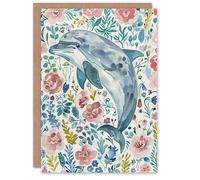 Artery8 Greeting Card Dolphin with Wildflowers Pink Blue Watercolour For Her Woman Birthday Card