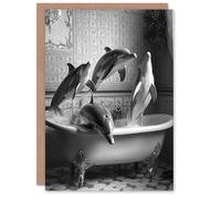 Artery8 Greeting Card Dolphins Playing in Bathtub Black White Surreal Blank For Him Or Her Art Birthday Card