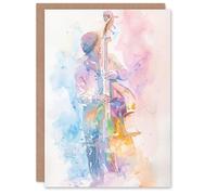 Artery8 Greeting Card Double Bassist Jazz Musician Light Watercolour Blank For All Him Or Her Art Birthday Card