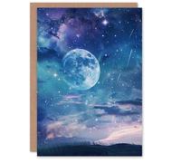Artery8 Greeting Card Dreamy Full Moon Star Night Sky Surreal Starscape in Blue Artery8 Blue