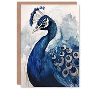 Artery8 Greeting Card Elegant Blue Peafowl Peacock Bird Watercolour For Her Woman Birthday Card