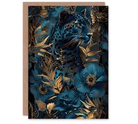 Artery8 Greeting Card Elegant Cheetah With Blue Gold Jungle Flowers Blank For Him Or Her Art Birthday Card