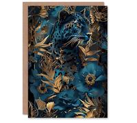 Artery8 Greeting Card Elegant Cheetah With Blue Gold Jungle Flowers Blank For Him Or Her Art Birthday Card