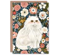 Artery8 Greeting Card Elegant Persian Cat Lover Flower Garden Portrait For Her Woman Birthday Card