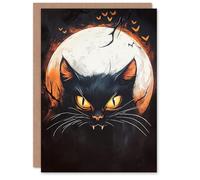 Artery8 Greeting Card Evil Witches Cat on Full Moon Bats Fun Blank For All Halloween Card