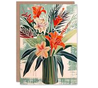 Artery8 Greeting Card Exotic Red Orange Lily Flower Vase Floral Spring For Her Woman Birthday Card