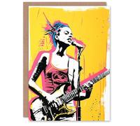 Artery8 Greeting Card Female Punk Music Guitarist Portrait Yellow Pink Blank For Him Or Her Art Birthday Card