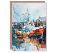 Artery8 Greeting Card Fishing Boat Harbour Watercolour Classic Coastal Blank For All Him Or Her Art Birthday Card