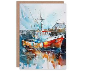Artery8 Greeting Card Fishing Boat Harbour Watercolour Classic Coastal Blank For All Him Or Her Art Birthday Card