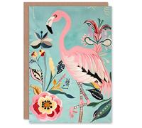 Artery8 Greeting Card Flamingo Bird and Exotic Flowers Bright Painting For Her Woman Birthday Card