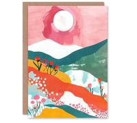 Artery8 Greeting Card Floral Mountain Pink Sunset Colourful Abstract Blank For Him Or Her Art Birthday Card