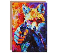 Artery8 Greeting Card Fox Secret Agent Vibrant Conceptual Art Portrait For Him Man Birthday Card