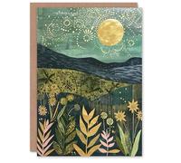 Artery8 Greeting Card Full Moon Floral Landscape Folk Art Painting Blank For Him Or Her Art Birthday Card