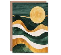 Artery8 Greeting Card Full Moon Over Mountains Green Gold Boho Abstract Blank For Him Or Her Art Birthday Card