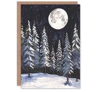 Artery8 Greeting Card Full Moon Over Winter Forest Landscape Snowy Trees in Grey Artery8 Grey