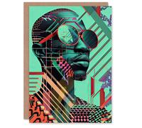 Artery8 Greeting Card Futuristic African Man Shades Portrait Teal Bold Blank For Him Or Her Art Birthday Card