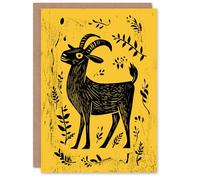 Artery8 Greeting Card Goat Plant Leaves Simple Black Yellow Folk Art Blank For Him Or Her Art Birthday Card