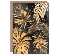 Artery8 Greeting Card Golden Monstera Leaf Palm Frond Dark Plant Lover Blank For Him Or Her Art Birthday Card