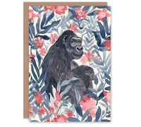 Artery8 Greeting Card Gorilla Ape and Pink Tropical Flowers Watercolour For Her Woman Birthday Card