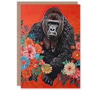 Artery8 Greeting Card Gorilla in Bright Flowers Painting Red Animal Blank For Him Or Her Art Birthday Card