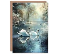 Artery8 Greeting Card Graceful Swans Tranquil Winter Lake Painting Blank For All Him Or Her Art Birthday Card