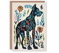 Greeting Card Great Dane Dog Lover Floral Folk Art Pattern Birthday Artery8 Blue One Size