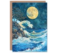 Artery8 Greeting Card Great Wave Seascape Under a Full Moon Watercolour Blank For Him Or Her Art Birthday Card
