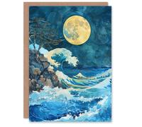 Artery8 Greeting Card Great Wave Seascape Under a Full Moon Watercolour Blank For Him Or Her Art Birthday Card