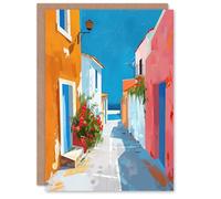Artery8 Greeting Card Greek Coastal Village Street Painting Calm Sunny Blank For Him Or Her Art Holiday Card