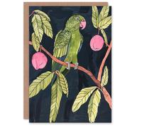 Artery8 Greeting Card Green Parakeet Parrot on Plum Fruit Tree Branch Birthday Artery8 Green