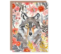 Artery8 Greeting Card Grey Wolf Pink Floral Watercolour Animal Portrait For Her Woman Birthday Card