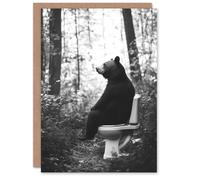 Artery8 Greeting Card Grizzly Bear Toilet Black White Forest Landscape Blank For Him Or Her Art Birthday Card