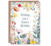Artery8 Greeting Card Groovy Wishes Bright Fun Retro Floral Flowers For Her Woman Wife Mum Sister Gran Birthday Card