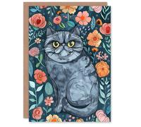 Artery8 Greeting Card Grumpy Blue Exotic Shorthair Cat Floral Portrait For Her Woman Birthday Card