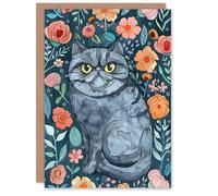 Artery8 Greeting Card Grumpy Blue Exotic Shorthair Cat Floral Portrait For Her Woman Birthday Card