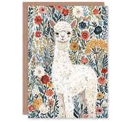 Artery8 Greeting Card Happy Alpaca in Wildflower Field Watercolour For Her Woman Birthday Card