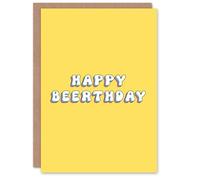 Artery8 Greeting Card Happy Beerthday Beer Pun Simple Retro Yellow Blank For Him Or Her Art Birthday Card