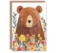 Artery8 Greeting Card Happy Brown Bear in Wildflower Patch Watercolour For Child Kids Birthday Card