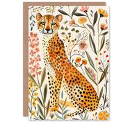 Artery8 Greeting Card Happy Cheetah with Wildflowers Watercolour For Her Woman Birthday Card