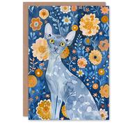 Artery8 Greeting Card Happy Devon Rex Cat in Orange Flowers Watercolour in Blue Artery8 Blue