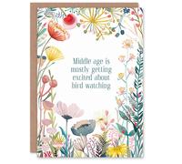 Artery8 Greeting Card Happy Flowers Middle Age Excited Bird Watching Birthday Artery8 Multicolor