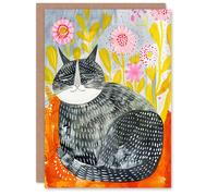 Artery8 Greeting Card Happy Maine Coon with Flowers Cat Lover Folk Art For Child Kids Birthday Card