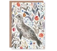 Artery8 Greeting Card Happy Seal with Coastal Wildflowers Watercolour Birthday in Grey Artery8 Grey