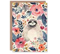 Artery8 Greeting Card Happy Sloth Smiling Pink Anemone Floral Pattern Blank For Him Or Her Art Birthday Card