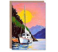 Artery8 Greeting Card Harbour Sunset Docked Sailboat Coastal Landscape Blank For Him Or Her Art Bon Voyage Card