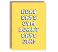 Artery8 Greeting Card Head Says Gym Heart Gin Funny Retro Yellow For Her Woman Wife Sister Daughter Mum Birthday Card