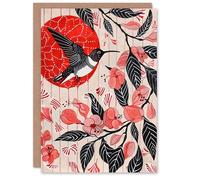 Artery8 Greeting Card Hummingbird and Cherry Blossoms Folk Art Painting For Her Woman Birthday Card