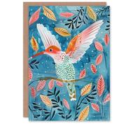 Artery8 Greeting Card Hummingbird Folk Art Pink Blue Orange Watercolour For Her Woman Birthday Card